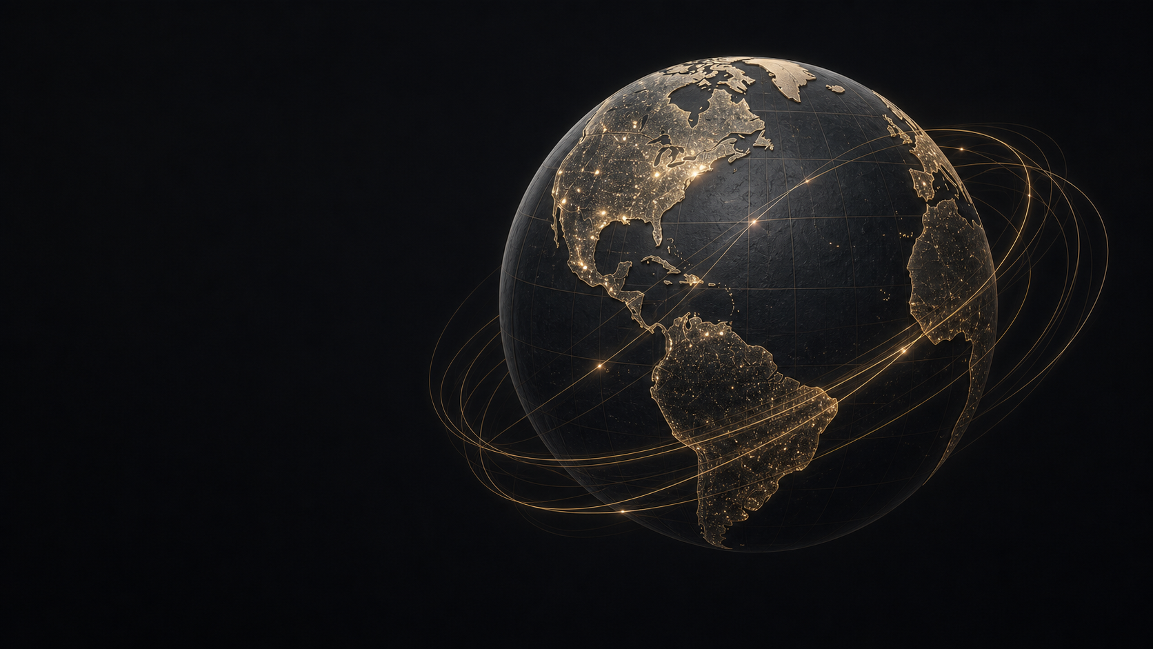 Dark globe with gold international trade routes
